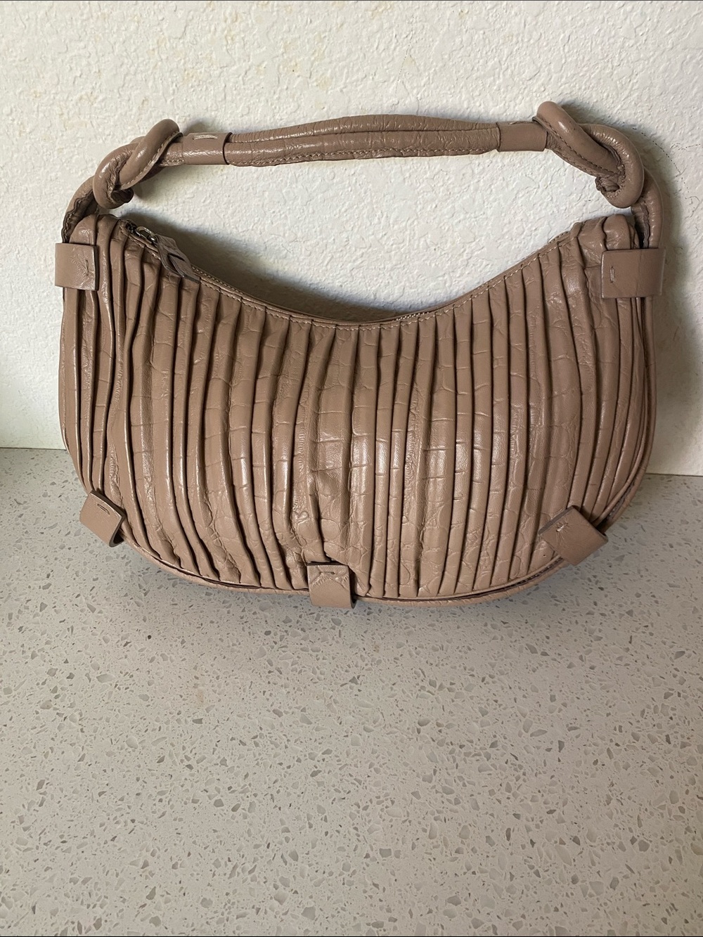 Giorgio Armani Taupe Pleated Croc-Embossed Shoulder Bag